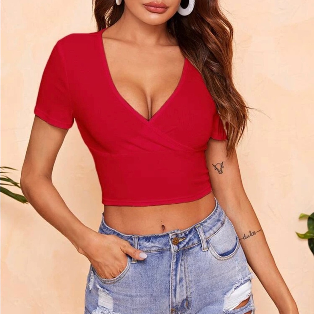 Surplice Neck Rib-Knit Crop Top